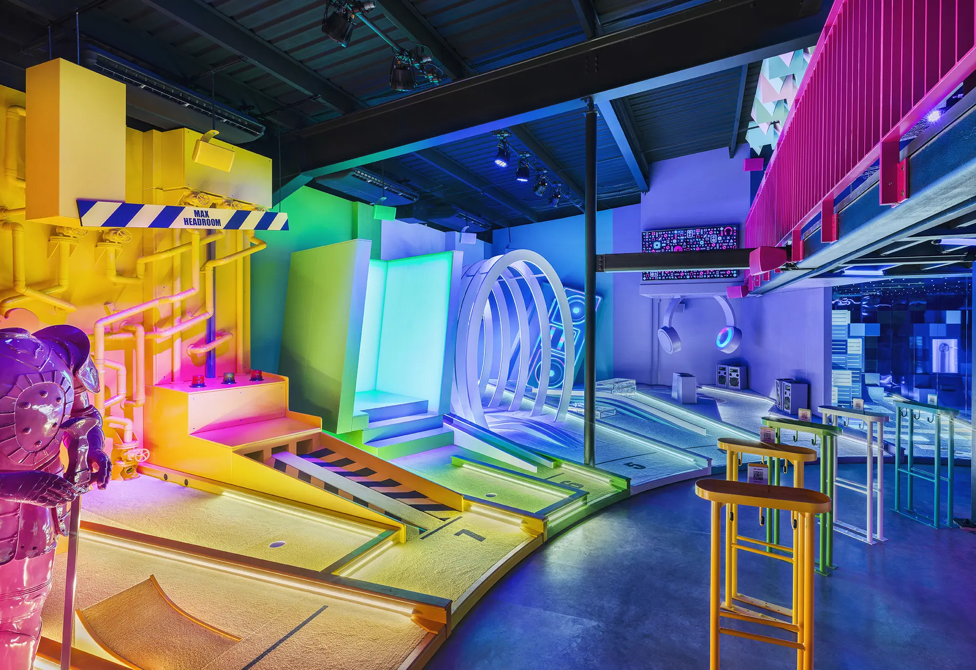 The colourful interior of Pop Golf at BOXPARK Wembley